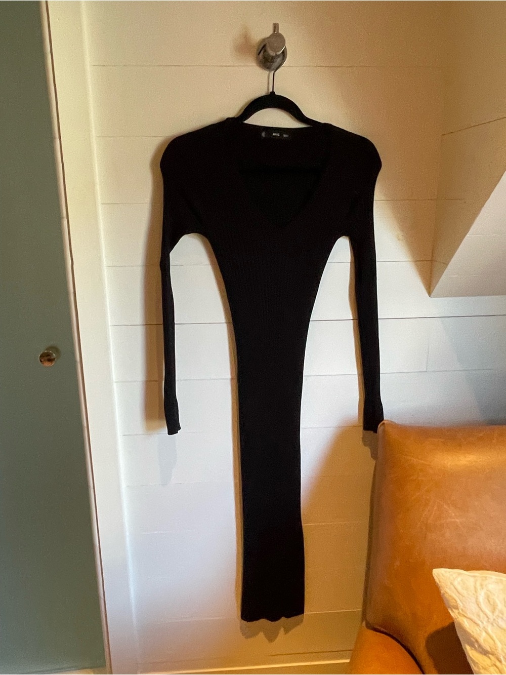 Mango Black Long-Sleeve Ribbed Bodycon Midi Dress